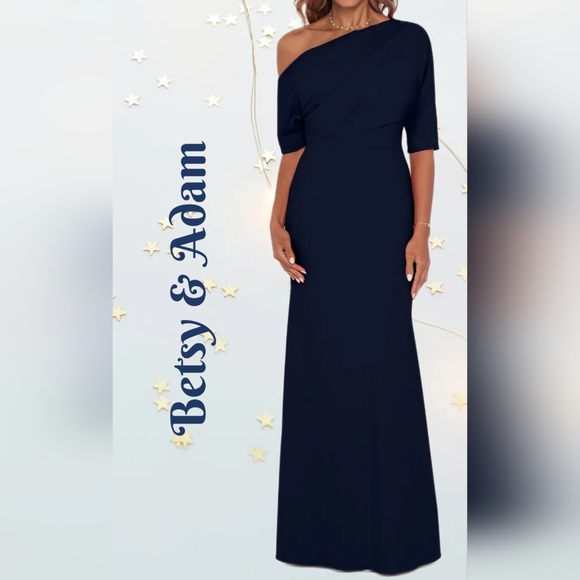 Betsy & Adam Dresses & Skirts - Betsy & Adam Madeline Maxi Gown Navy Sz 16 Asymmetrical Shoulders Scuba Crepe